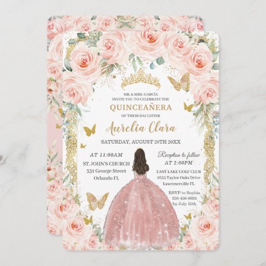 Blush Roze Bloemen Goud Quinceañera Kaart (Voorkant / Achterkant)