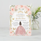 Blush Roze Bloemen  Goud Quinceañera Kaart (Staand voorkant)