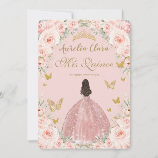 Blush Roze Bloemen  Goud Quinceañera Kaart (Achterkant)
