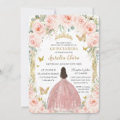 Blush Roze Bloemen  Goud Quinceañera Kaart (Voorkant)