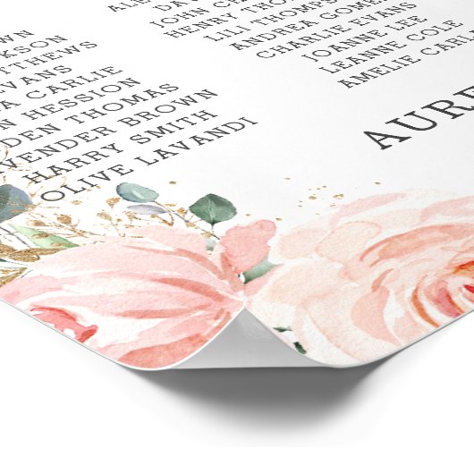 Blush Roze Bloemen Goud Quinceañera Zitkaarten Poster (Hoek)