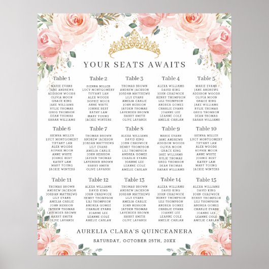 Blush Roze Bloemen Goud Quinceañera Zitkaarten Poster (Voorkant)