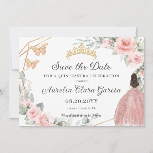 Blush Roze Bloemen Goud Quinceañera Zoet Zestien Save The Date (Voorkant)