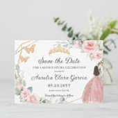 Blush Roze Bloemen Goud Quinceañera Zoet Zestien Save The Date (Staand voorkant)