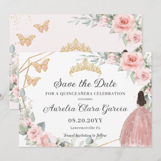 Blush Roze Bloemen Goud Quinceañera Zoet Zestien Save The Date (Voorkant / Achterkant)