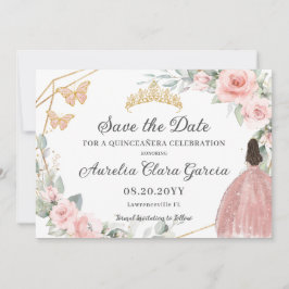 Blush Roze Bloemen Goud Quinceañera Zoet Zestien Save The Date