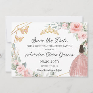 Blush Roze Bloemen Goud Quinceañera Zoet Zestien Save The Date