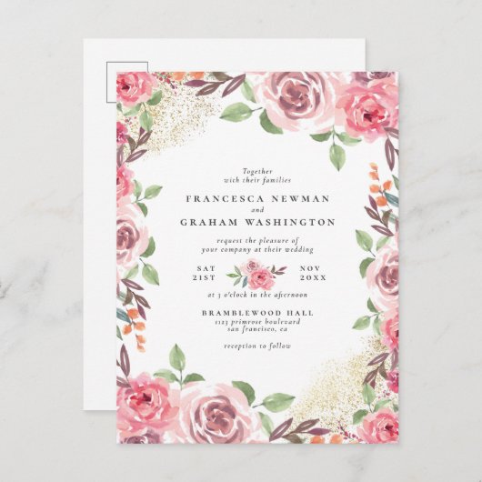 Blush Roze Bloemen & Goud Stof Botanische bruiloft Uitnodiging Briefkaart (Voorkant / Achterkant)