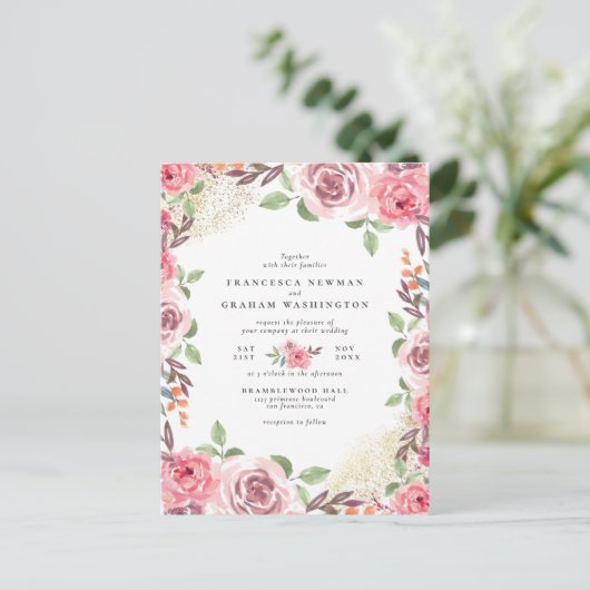 Blush Roze Bloemen & Goud Stof Botanische bruiloft Uitnodiging Briefkaart (Staand voorkant)