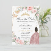 Blush Roze Bloemen Goud Zoet Zestien Bruin Meisje Save The Date (Staand voorkant)