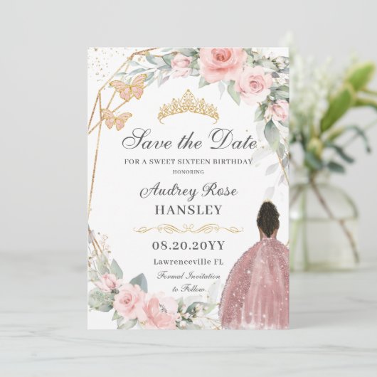 Blush Roze Bloemen Goud Zoet Zestien Bruin Meisje Save The Date (Staand voorkant)