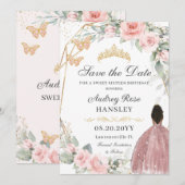 Blush Roze Bloemen Goud Zoet Zestien Bruin Meisje Save The Date (Voorkant / Achterkant)