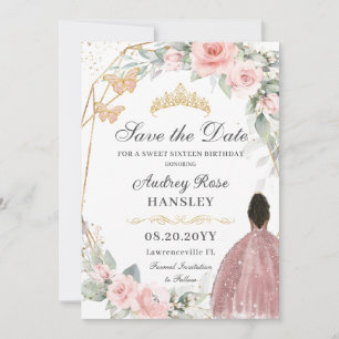 Blush Roze Bloemen Goud Zoet Zestien Bruin Meisje Save The Date