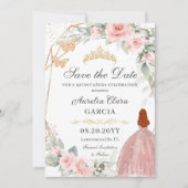 Blush Roze Bloemen Goud Zoet Zestien QUINCEAÑERA Save The Date (Voorkant)