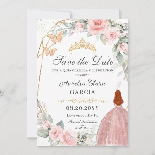 Blush Roze Bloemen Goud Zoet Zestien QUINCEAÑERA Save The Date (Voorkant)