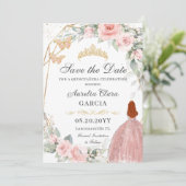 Blush Roze Bloemen Goud Zoet Zestien QUINCEAÑERA Save The Date (Staand voorkant)