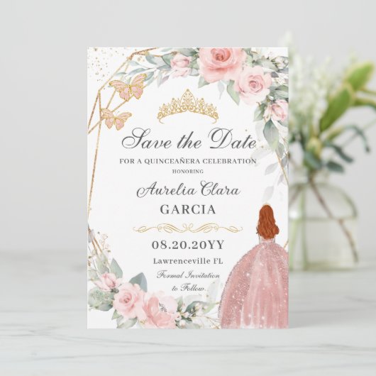 Blush Roze Bloemen Goud Zoet Zestien QUINCEAÑERA Save The Date (Staand voorkant)