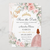 Blush Roze Bloemen Goud Zoet Zestien QUINCEAÑERA Save The Date (Voorkant / Achterkant)