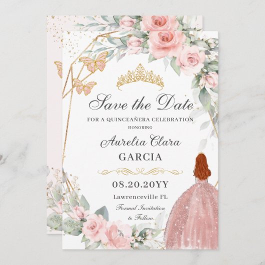 Blush Roze Bloemen Goud Zoet Zestien QUINCEAÑERA Save The Date (Voorkant / Achterkant)