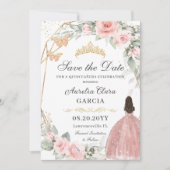 Blush Roze Bloemen Goud Zoet Zestien QUINCEAÑERA Save The Date (Voorkant)