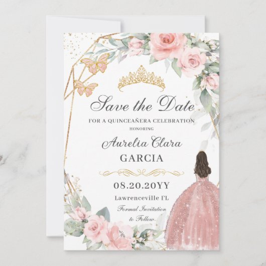 Blush Roze Bloemen Goud Zoet Zestien QUINCEAÑERA Save The Date (Voorkant)