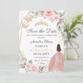 Blush Roze Bloemen Goud Zoet Zestien QUINCEAÑERA Save The Date (Staand voorkant)