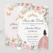 Blush Roze Bloemen Goud Zoet Zestien QUINCEAÑERA Save The Date (Voorkant / Achterkant)