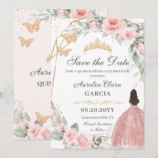 Blush Roze Bloemen Goud Zoet Zestien QUINCEAÑERA Save The Date (Voorkant / Achterkant)