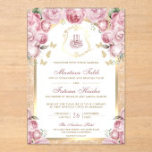 Blush Roze Bloemen Gouden Boog Moslim Huwelijk Acryl Uitnodigingen (Voorkant)