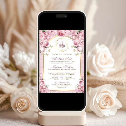 Blush Roze Bloemen Gouden Boog Moslim Huwelijk Kaart