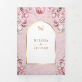 Blush Roze Bloemen Gouden Boog Vlinderbruiloft Drieluik Uitnodiging (Cover)