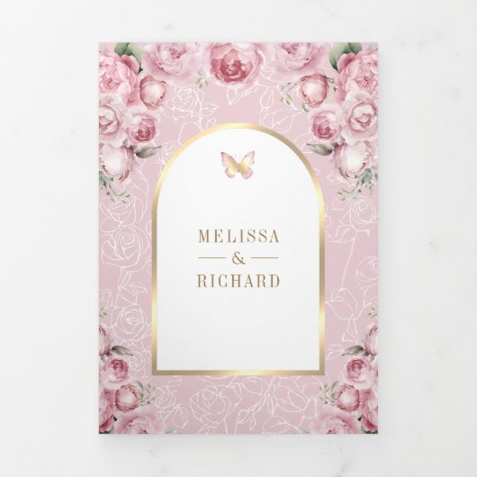 Blush Roze Bloemen Gouden Boog Vlinderbruiloft Drieluik Uitnodiging (Cover)