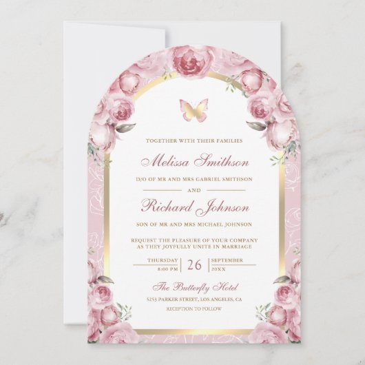 Blush Roze Bloemen Gouden Boog Vlinderbruiloft Kaart (Voorkant)