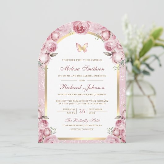Blush Roze Bloemen Gouden Boog Vlinderbruiloft Kaart (Staand voorkant)