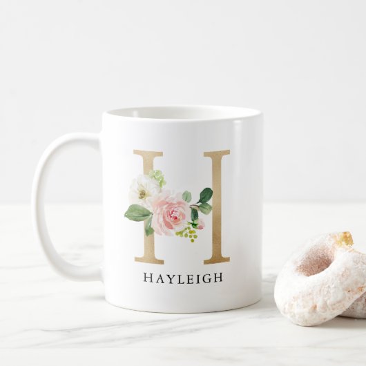 Blush Roze Bloemen & Gouden Brief H Monogram Koffiemok (Met donut)