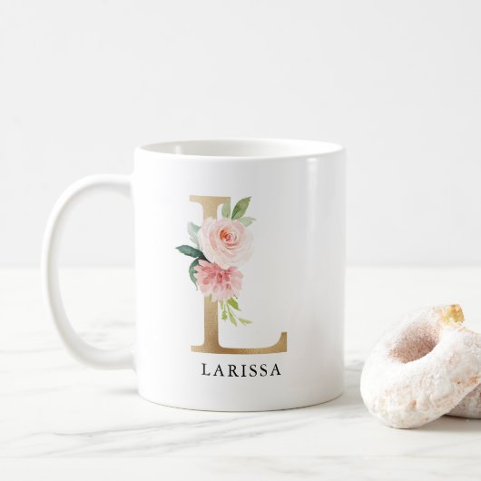 Blush Roze Bloemen & Gouden Brief L Monogram Koffiemok (Met donut)