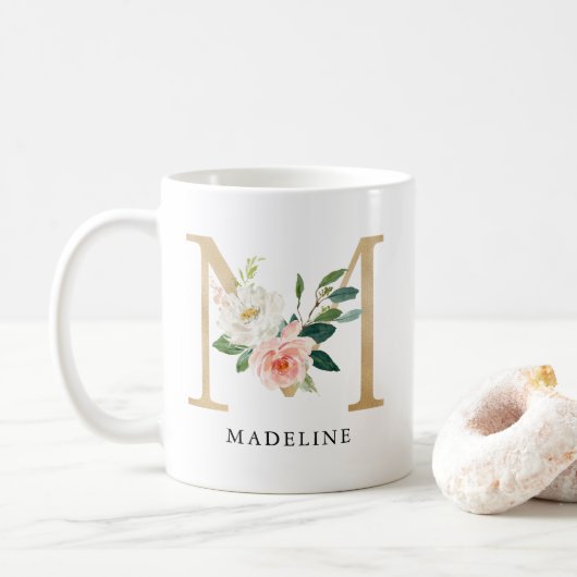 Blush Roze Bloemen & Gouden Brief M Monogram Koffiemok (Met donut)