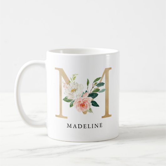 Blush Roze Bloemen & Gouden Brief M Monogram Koffiemok (Links)