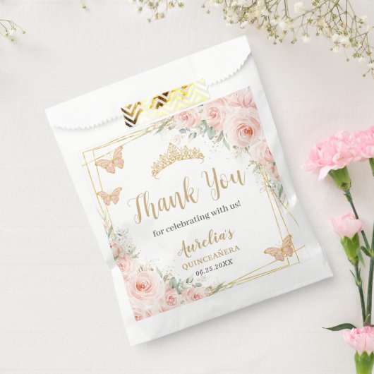 Blush Roze Bloemen Gouden Butterfiles Quinceanera  Bedankzakje (Gezegeld)