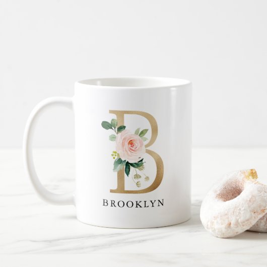 Blush Roze Bloemen & Gouden Letter B Monogram Koffiemok (Met donut)