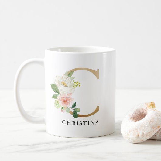 Blush Roze Bloemen & Gouden Letter C Monogram Koffiemok (Met donut)