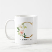 Blush Roze Bloemen & Gouden Letter C Monogram Koffiemok (Links)