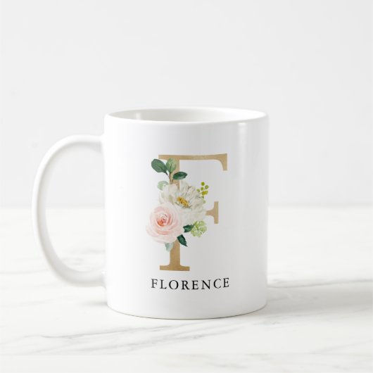 Blush Roze Bloemen & Gouden Letter F Monogram Koffiemok (Links)