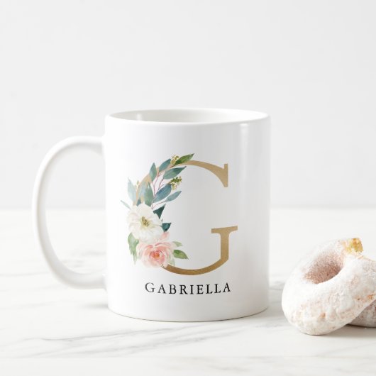 Blush Roze Bloemen & Gouden Letter G Monogram Koffiemok (Met donut)