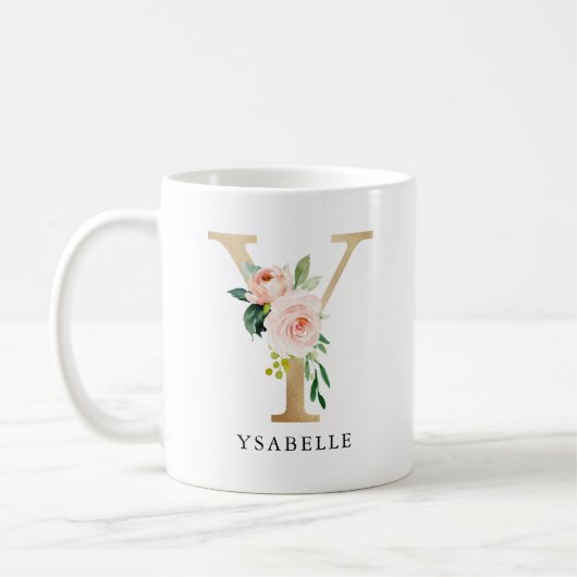 Blush Roze Bloemen & Gouden Letter Y Monogram Koffiemok (Links)