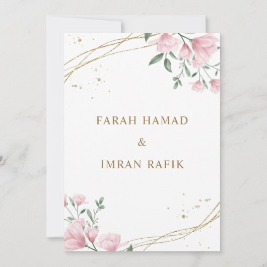 Blush Roze Bloemen Gouden Rand Moslim Bruiloft Kaart (Achterkant)