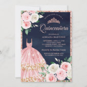 Blush Roze Bloemen Gown Roos Goud Navy Quinceanera Kaart (Voorkant)