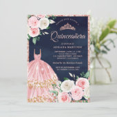 Blush Roze Bloemen Gown Roos Goud Navy Quinceanera Kaart (Staand voorkant)