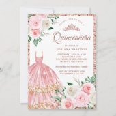 Blush Roze Bloemen Gown Roos Goud Quinceanera Kaart (Voorkant)
