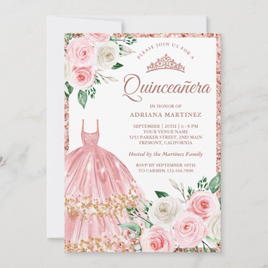 Blush Roze Bloemen Gown Roos Goud Quinceanera Kaart (Voorkant)